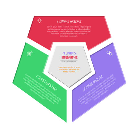 Three parts of a pentagon. Infographic diagram for presentation, business strategy, project development timeline or learning stages. Flat design.のイラスト素材