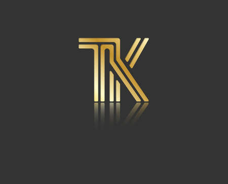 Gold stylized lowercase letters T and K with reflection connected by a single line for logo, monogram and creative design. Vector illustration isolated on black.のイラスト素材
