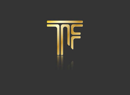 Gold stylized lowercase letters T and F with reflection connected by a single line for logo, monogram and creative design. Vector illustration isolated on black.のイラスト素材
