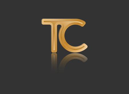 Gold stylized lowercase letters T and C with reflection connected by a single line for monogram and creative design. Vector illustration isolated on black.のイラスト素材