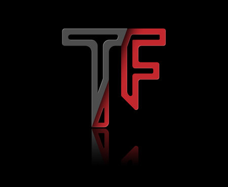 Stylized lowercase letters T and F in red and black connected by a single line for logo, monogram and creative design. Vector illustration isolated on black.のイラスト素材