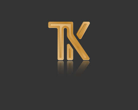 Gold stylized lowercase letters T and K with reflection connected by a single line for logo, monogram and creative design. Vector illustration isolated on black.のイラスト素材
