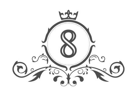 Stylized number 8. Ornament and crown monogram template for business cards, logos, emblems and heraldry designs. Vector illustrationのイラスト素材