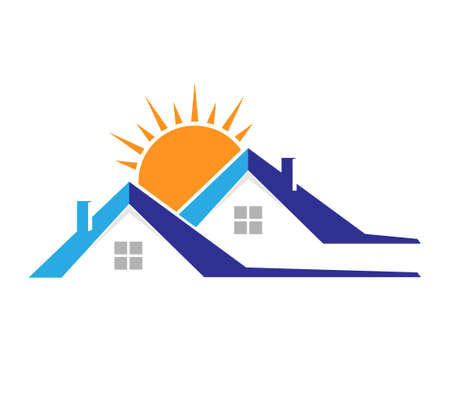 Sunset on the background of the roofs of houses. A simple vector illustration for a logo, emblem, or brand. Flat styleのイラスト素材