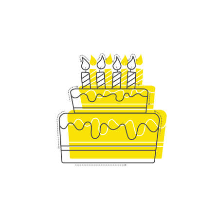 Birthday cake. A comic drawing with a contour and a colored silhouette. Vector illustration isolated...