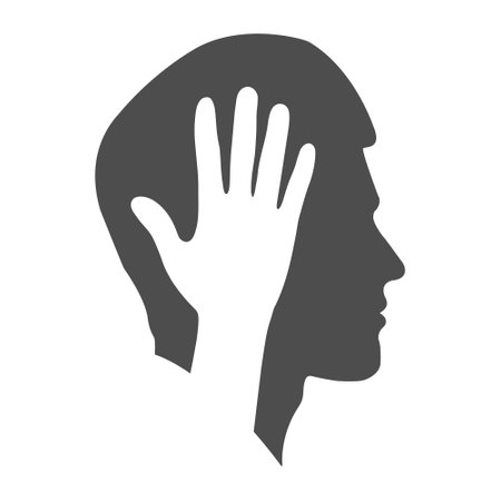 Silhouette of a male profile and silhouette of a hand. Conceptual vector illustration. Flat design.のイラスト素材