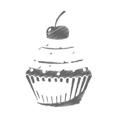 sketch of a cupcake with a cherry in doodle style. Flat design