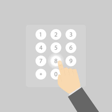 Enter numbers on the virtual numeric keypad. A man's hand touches the numbers on the virtual keyboard. Flat design.のイラスト素材