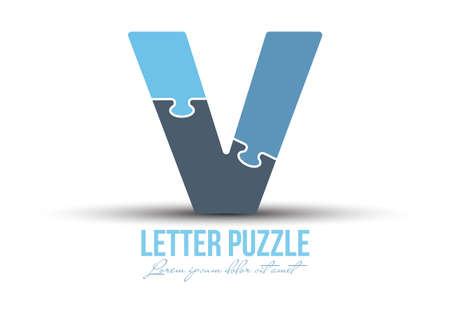 Letter V is made up of puzzles. Vector illustration for logo, brand logo, sticker or scrapbooking, for education. Simple style.のイラスト素材