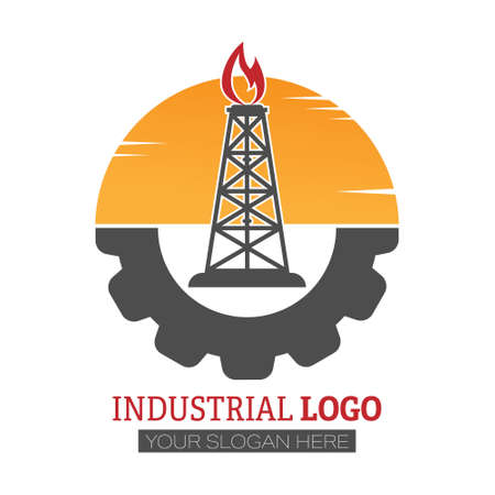Industrial logo. an oil or gas rig on the background of the sun. Stock vector image for logo, sticker, or sticker. Flat style, isolated on white backgroundのイラスト素材