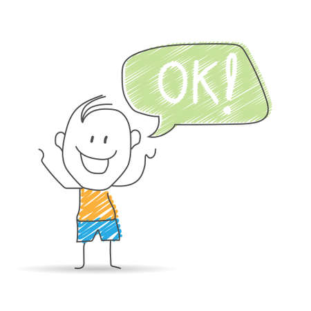 joyful cartoon character with a cloud for speech and the inscription OK !. Flat style.のイラスト素材