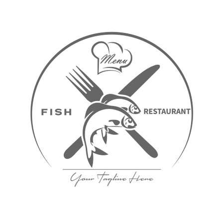 Template for the logo of a fish restaurant. Sample for a sticker or brand. Flat styleのイラスト素材