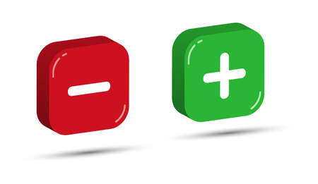 Red and green three-dimensional square buttons with plus and minus symbols. Simple design.のイラスト素材
