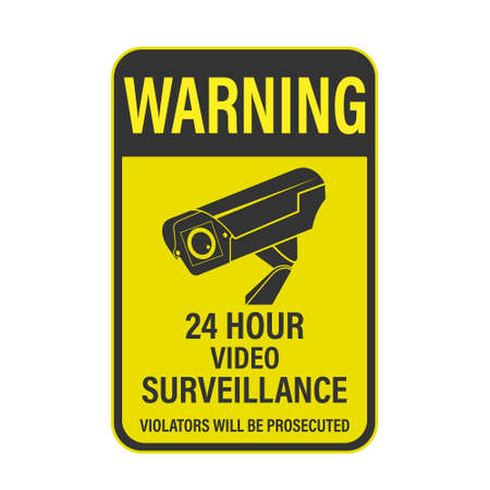WARNING 24-hour video surveillance. A sign, sign or sticker with a warning about round-the-clock video surveillance. Flat style.のイラスト素材