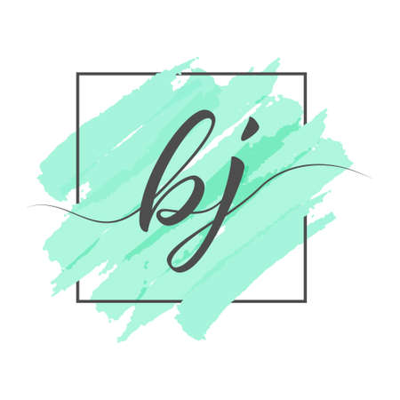 Calligraphic lowercase letters BJ in a single line on a colored background in a frame. Vector illustration isolated on a white background. Creative design.のイラスト素材
