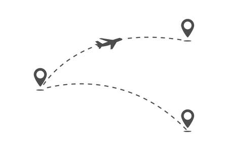 trajectory of the flight routes of the aircraft. The plane flies from one point to another. The line of movement of the aircraft. Simple Styleのイラスト素材