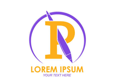 Stylized pen logo and the letters P. Vector illustration for logo, websites, apps, stickers and logos. Flat design.のイラスト素材