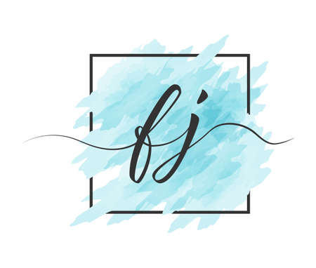 calligraphic lowercase letters F and J are written in a solid line on a colored background in a frame. Simple Styleのイラスト素材