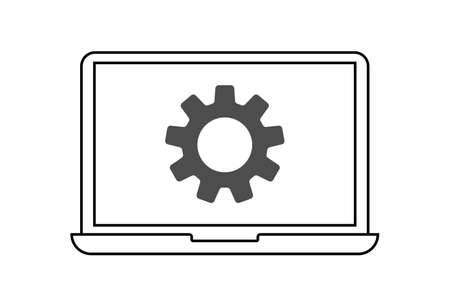 Technical support icon. Maintenance of computer equipment is a gear on the laptop screen. Flat styleのイラスト素材