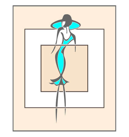 silhouette of a woman in a dress and a hat in a flat square. Abstract art. Flat style.のイラスト素材