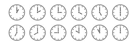 set of clocks indicating the time every hour. Vector illustration for websites and applications. Flat style.のイラスト素材