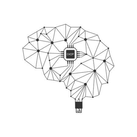 Brain. a chiped brain with a USB connection / Neural network. Vector illustration, flat styleのイラスト素材