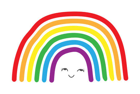 Rainbow in LGBT colors. Children's rainbow design with a cheerful face for a birthday poster, print, texture and creative design. Flat style.のイラスト素材