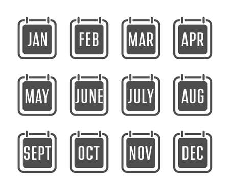 set of calendar icons with the names of the months of the year. A flip calendar with the names of the months of the year. Flat style.のイラスト素材