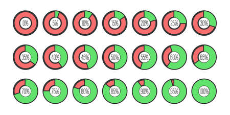 set of pie charts with a percentage sector from 0 to 100 in 5-point increments. Flat style.のイラスト素材