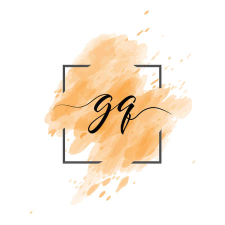 calligraphic lowercase letters G and Q are written in a solid line on a colored background in a frame. Simple Styleのイラスト素材