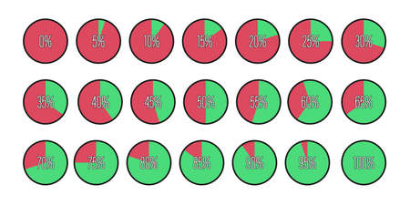 set of pie charts with a percentage sector from 0 to 100 in 5-point increments. Flat style.のイラスト素材