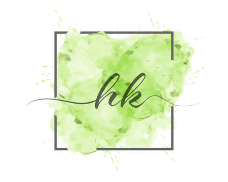 calligraphic lowercase letters H and K are written in a solid line on a colored background in a frame. Simple Styleのイラスト素材