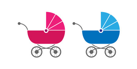 Blue and pink baby strollers. Color silhouette. Flat style.のイラスト素材