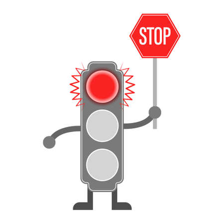 Illustration of a traffic light with a red signal and a stop sign, for children's education, books, banners, posters and creative design. Flat style.のイラスト素材