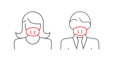 set of linear icons of a man and a woman in a mask or gauze bandage for the face. The mask covers the mouth and nose. Virus protection, a sign on the door. Flat style.のイラスト素材