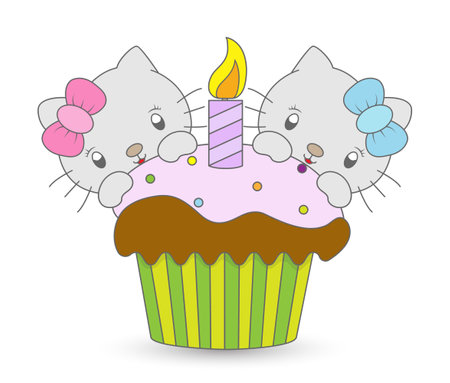 Funny kittens and muffin. Color filled contour for children's development, creative design and congratulations. Linear style.のイラスト素材