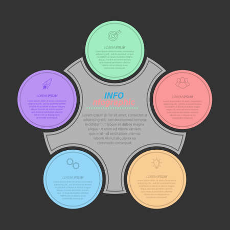 5 stages of development, improvement or training. Infographics with visual action icons for business, finance, project, plan or marketing. Flat vector styleのイラスト素材