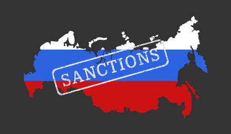 Contour conditional map of Russia in the colors of the Russian flag with a worn stamp and the inscription SANCTIONS .のイラスト素材