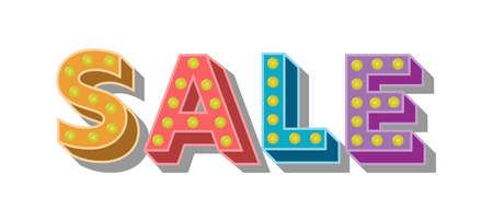 Luminous sign SALE with light bulbs. Three-dimensional inscription for the thematic design of a...
