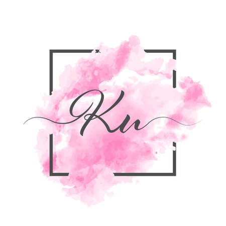 Calligraphic lowercase letters K and U are written in a solid line on a colored background in a frame.のイラスト素材