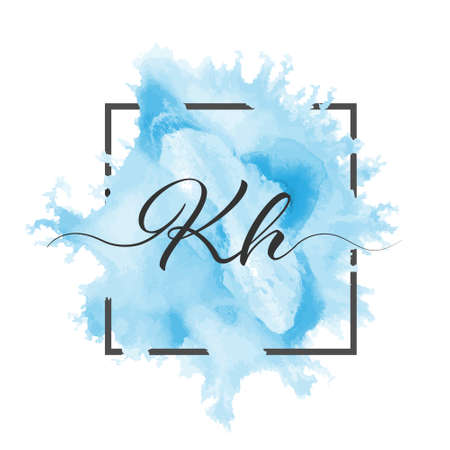Calligraphic lowercase letters K and H are written in a solid line on a colored background in a frame.のイラスト素材
