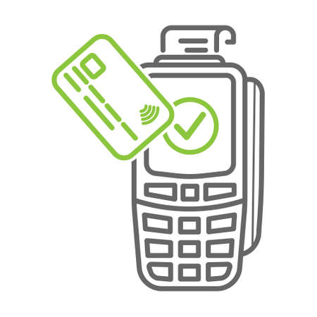 Contactless payment method by bank credit or debit card through a payment terminal. Payment status at the payment terminal. Approved payment. Linear style, empty outline.のイラスト素材
