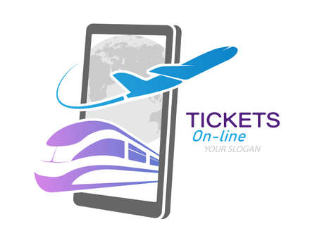 Online booking of plane and train tickets. Vector illustration for websites, applications and thematic design. flat styleのイラスト素材