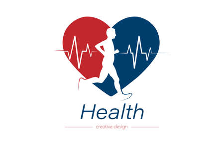 sports and health. An athlete on the background of a heart with a cardiogram. flat styleのイラスト素材