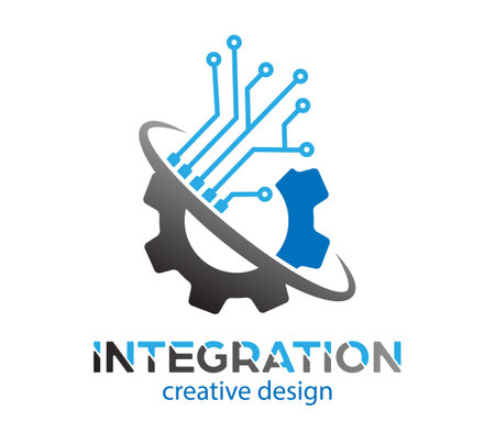 integration. Template automation of a mechanized process. Electronic control of industrial processes. flat styleのイラスト素材