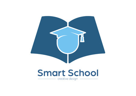 smart school. An open book and a graduate. Template for logo, sticker, brand label and creative solutions. An idea for websites and applications. flat style.のイラスト素材