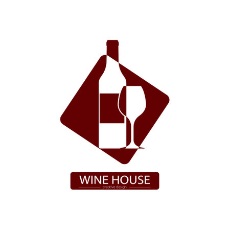 wine house. An illustration template with a bottle of wine and a glass in a square for a logo, sticker, brand or label. Icon for websites and applications. flat styleのイラスト素材