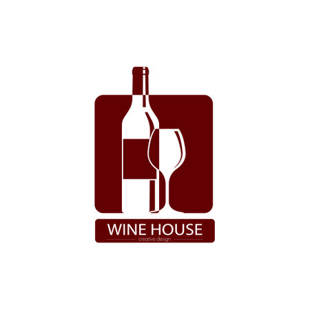 wine house. An illustration template with a bottle of wine and a glass in a square for a logo, sticker, brand or label. Icon for websites and applications. flat styleのイラスト素材