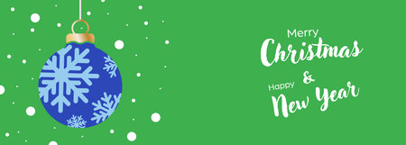 Merry Christmas and Happy New Year. Template for greetings, banners, posters, postcards and holiday invitations. Modern design with a Christmas ball, snow and snowflakesのイラスト素材