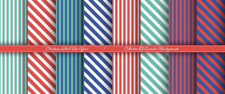 Christmas and New Year pattern. A set of seamless backgrounds for congratulations, decorations and creative ideas. Stripes of green, blue and redのイラスト素材